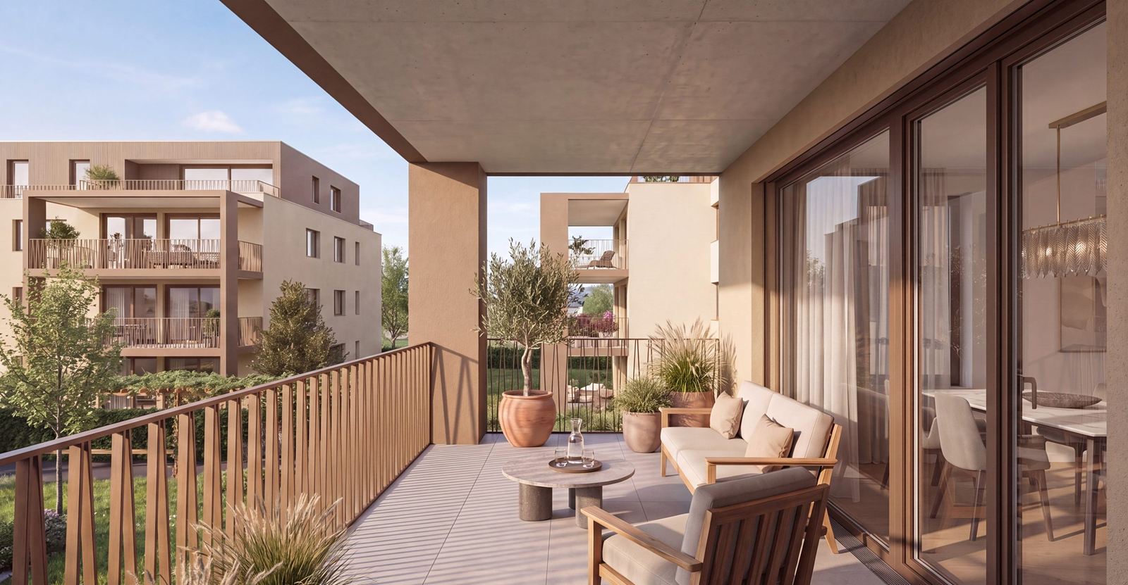 Balkon mit Blick in den Gartenhof des Seetalbrunnen in Schafisheim (Visualisierung)